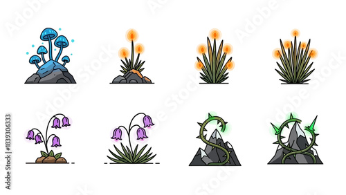 Collection of cartoon-style magical and mystical plants and fungi illustrations