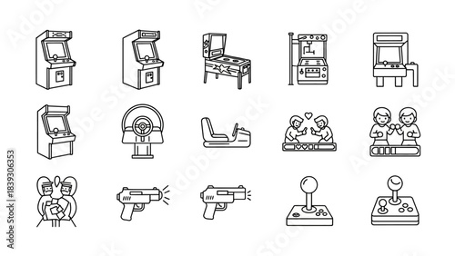 Collection of classic and modern arcade game machines and gaming controllers