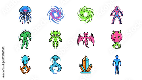 Collection of colorful and diverse fantasy and mythical creature icons for digital design and