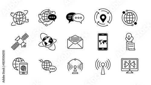 Collection of digital and communication icons representing global connectivity and technology