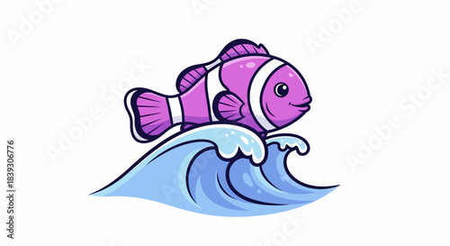Cute Cartoon Clownfish Riding a Blue Ocean Wave.
