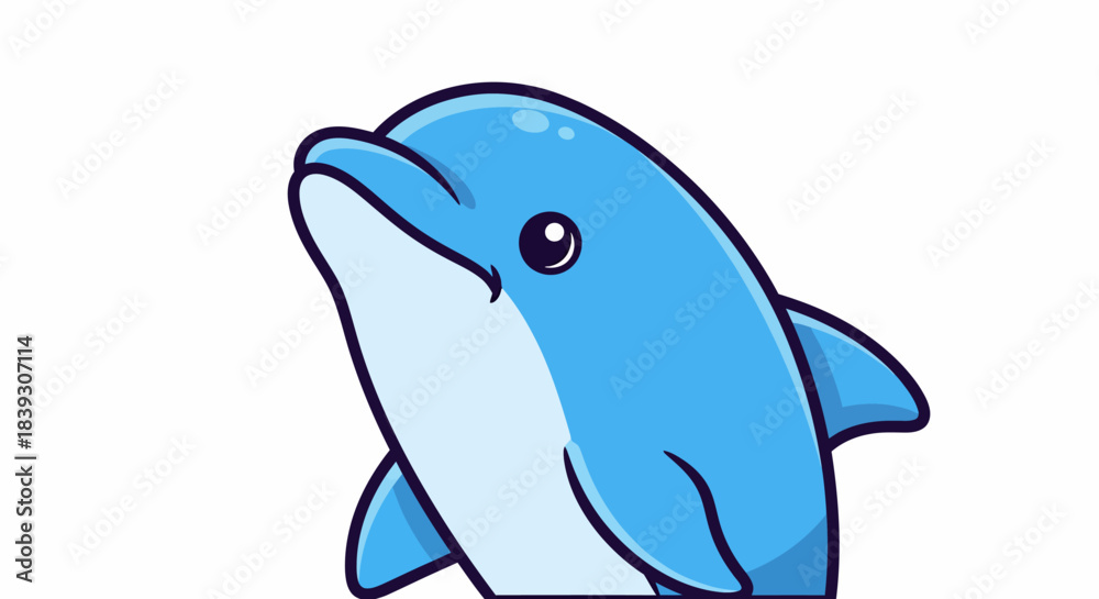 Naklejka premium Cute Blue Dolphin Cartoon Character Isolated on White Background.