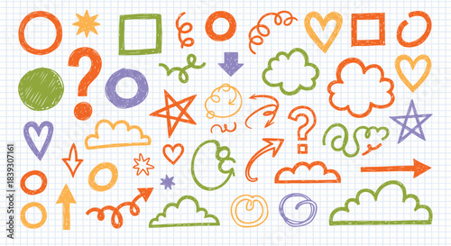 Seamless pattern of colorful hand drawn doodle icons including shapes arrows clouds hearts stars and question marks on a notebook background