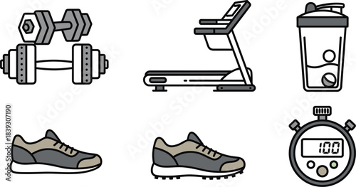 Icons of running shoes, dumbbell, and gym bag on white background sneakers footwear