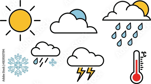 Weather icons including sun, clouds, rain, snow, and thermometer on white background forecast sunshine