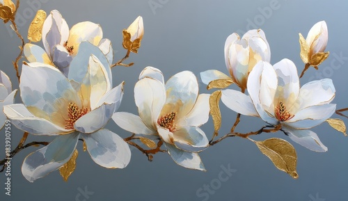 Magnolia branch blossoms with white petals and golden accents on a soft blue background, painterly style