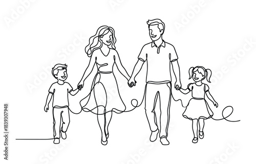 Happy family in continuous line art drawing style. Happy family parenting concept. Modern continuous line draw design