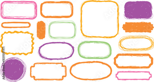 Collection of vibrant hand drawn doodle frames and sketchy borders in bright colors perfect for highlighting important text or design elements