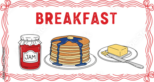 Delicious stack of pancakes with syrup jam and butter presented in a charming hand drawn style perfect for morning menus or cafe branding