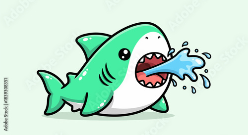 Cute cartoon shark spitting water illustration.