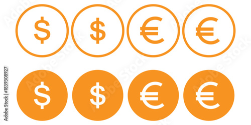 Dollar euro financial icon illustration showing online payment symbols, digital wallet graphics, currency signs and earnings coin visuals suitable for