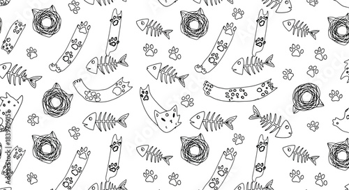 Whimsical black and white doodle pattern featuring playful cats fish skeletons paw prints and tangled yarn balls perfect for pet lovers