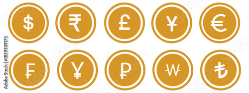 Set of currency symbols dollar, euro, pound, yen, won, rupee, franc, bitcoin, lira, ruble icon vector. Popular international currency sign isolated on transparent background. Vector illustration