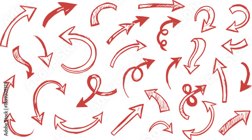 Collection of hand drawn red arrows pointing in various directions showcasing direction change movement and navigation concepts on a white background