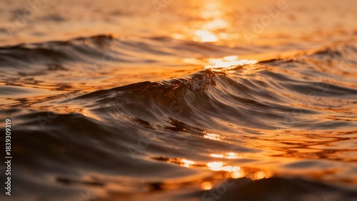 Small water waves reflecting intense golden sunset light across the dark ocean surface during warm twilight.