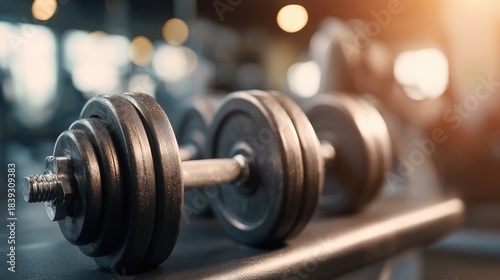 Close-up dumbbells gym setting highlighting defocused fitness equipment, faceless workout motivation, weight visualization detail, blurred training background Generative Ai