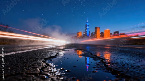 Starry blue night sky above a glowing cityscape with orange and blue illuminated skyscrapers reflecting in a cracked wet road puddle showing bright vehicle light trails.