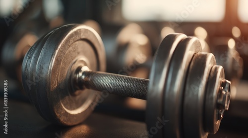 Close-up dumbbells gym setting highlighting defocused fitness equipment, faceless workout motivation, weight visualization detail, blurred training background Generative Ai