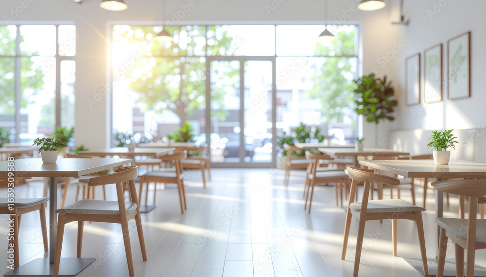 Fototapeta premium ソフトフォーカスの白色基調の背景画像 モダンな飲食店の店内風景