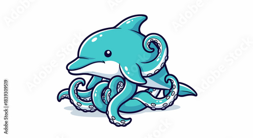 Cute cartoon hybrid dolphin with octopus tentacles character.