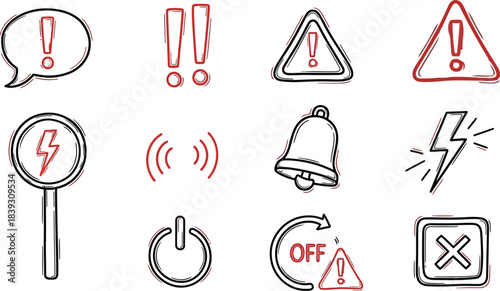 Collection of twelve hand drawn warning alert danger notification and power icons featuring exclamation points bells and lightning bolts in sketch style