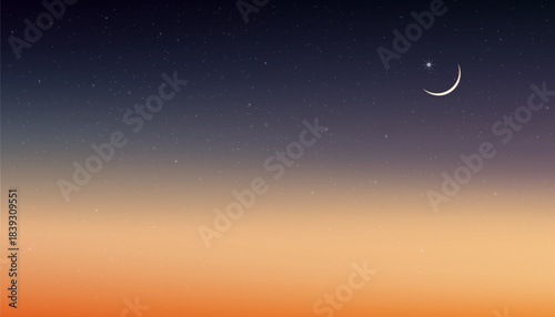 Islamic Moon and Star on Dark Blue Sky,Vector Twilight Dusk Sky in the Evening with Sunset and Beautiful Crescent moon,Symbol of religion islamic begin Ramadan month,Eid al-Adha,Eid al fitr