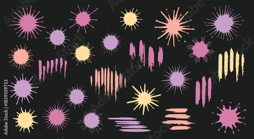 Collection of colorful hand drawn paint splatters and brush strokes in pastel shades creating a vibrant abstract pattern on a dark background for design projects