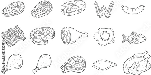 Butcher Shop and Fresh Meat Market Food Outlines Collection for Restaurant Menu Design Vector Illustration