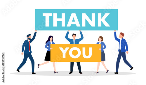 Group of young people holding placard saying thank you. Thanking doctors and police. Thankful men and pleased women. Gratitude poster. Appreciation to emergency workers