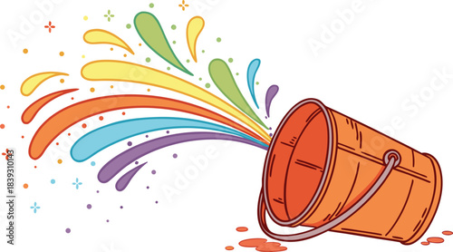 Paint bucket spilling vibrant rainbow colors, creative splash explosion illustration design