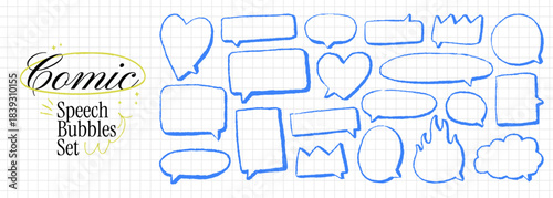 Comic blue pencil speech bubbles with funky crayon line text boxes for notes. Vector kids elements with hearts, flames, rectangles. Empty note shapes and pen charcoal doodles for text.