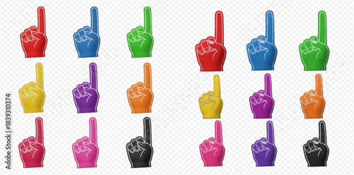 Collection of colorful foam fingers in various hues, perfect for sports events and fan support.
