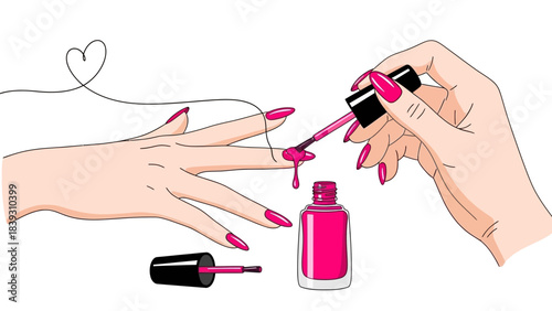 Manicure illustration showing a hand applying pink nail polish