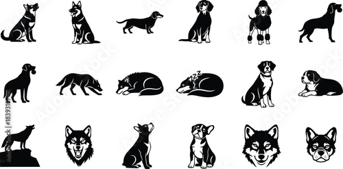 Collection of various dog breeds and poses in black silhouette