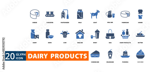 dairy products icon set with  Cheese,   Conveyer,  Pasteurizer,   Milk,   Goat,  Milk Jar,  Parmesan,  Udder,   Dairy,  kefir,   Cow,  Shelter,   Whey,   Bag,  Dairy Products,   Butter,  












