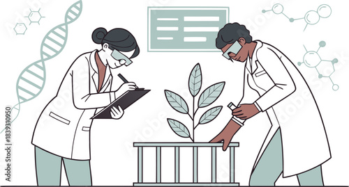 Biotechnology researchers analyzing plant genetics for agricultural innovation in a modern laboratory setting.