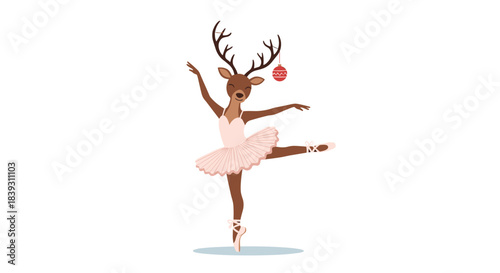 Graceful brown reindeer ballerina in a pink tutu and pointe shoes dances with a festive Christmas tree ornament. The design is cute.