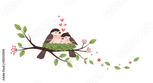Two cute birds in love are snuggling in a nest on a flowering branch with pink hearts floating above them. The scene is romantic.