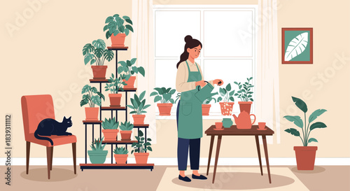 A woman in an apron waters her numerous houseplants arranged on a multi-level stand while her black cat relaxes on a chair.