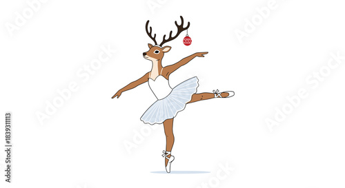 Adorable cartoon reindeer wearing a ballet tutu and pointe shoes strikes a graceful pose with a Christmas ornament. The ballet deer is cute.