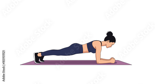 Woman in sportswear performs an elbow plank exercise on a purple yoga mat for a core strengthening workout routine. The background is white.