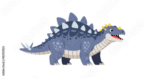 Cute cartoon Stegosaurus dinosaur with blue scales and bony plates on its back is shown on a white background. This is a vector design.