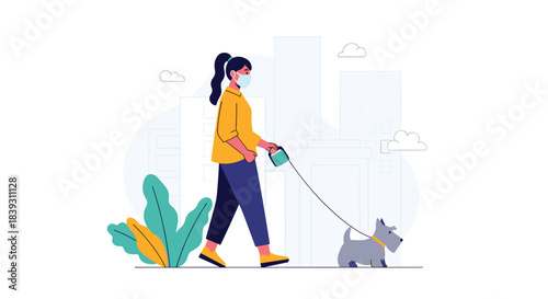 Woman wearing a protective face mask walks her small gray dog on a leash in a city park setting. This is a nice design.