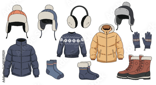 Collection of warm winter clothes and accessories is isolated on a white background for cold weather seasonal apparel. The clothing collection is useful.
