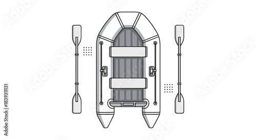 Top-down view of a gray inflatable rubber boat with two oars is shown isolated on a white background illustration. This is a vector.