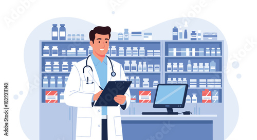 Smiling male pharmacist in a white coat with a stethoscope holds a clipboard inside a modern pharmacy store. The drugstore has many items.