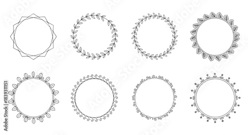 Set of eight elegant hand-drawn round frames and wreaths with floral and geometric designs for decoration. It is a beautiful collection.