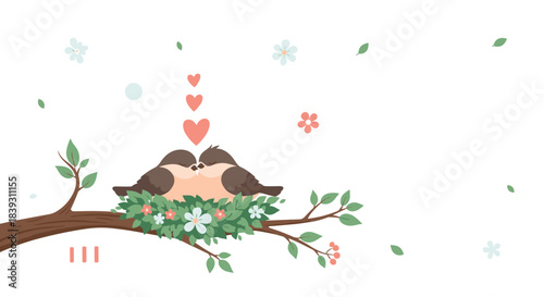Two adorable birds are kissing in a nest on a tree branch surrounded by floating hearts and flowers. This is a sweet vector.