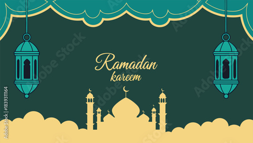 Ramadan kareem greeting card illustration with a traditional golden lantern, crescent moon, and star. elegant vector art for muslim holy month celebration and religious observance.