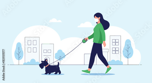 Woman in a protective face mask enjoys a walk with her Scottish Terrier dog in a city park. This is a beautiful vector.